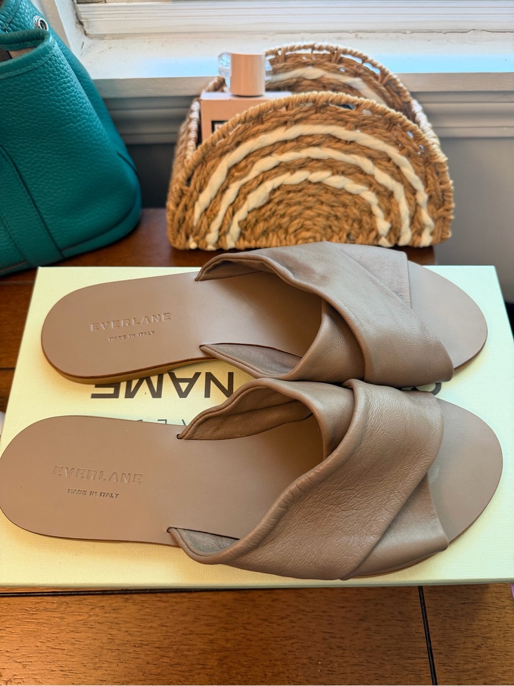 Everlane Taupe Leather Twist Slide Sandals